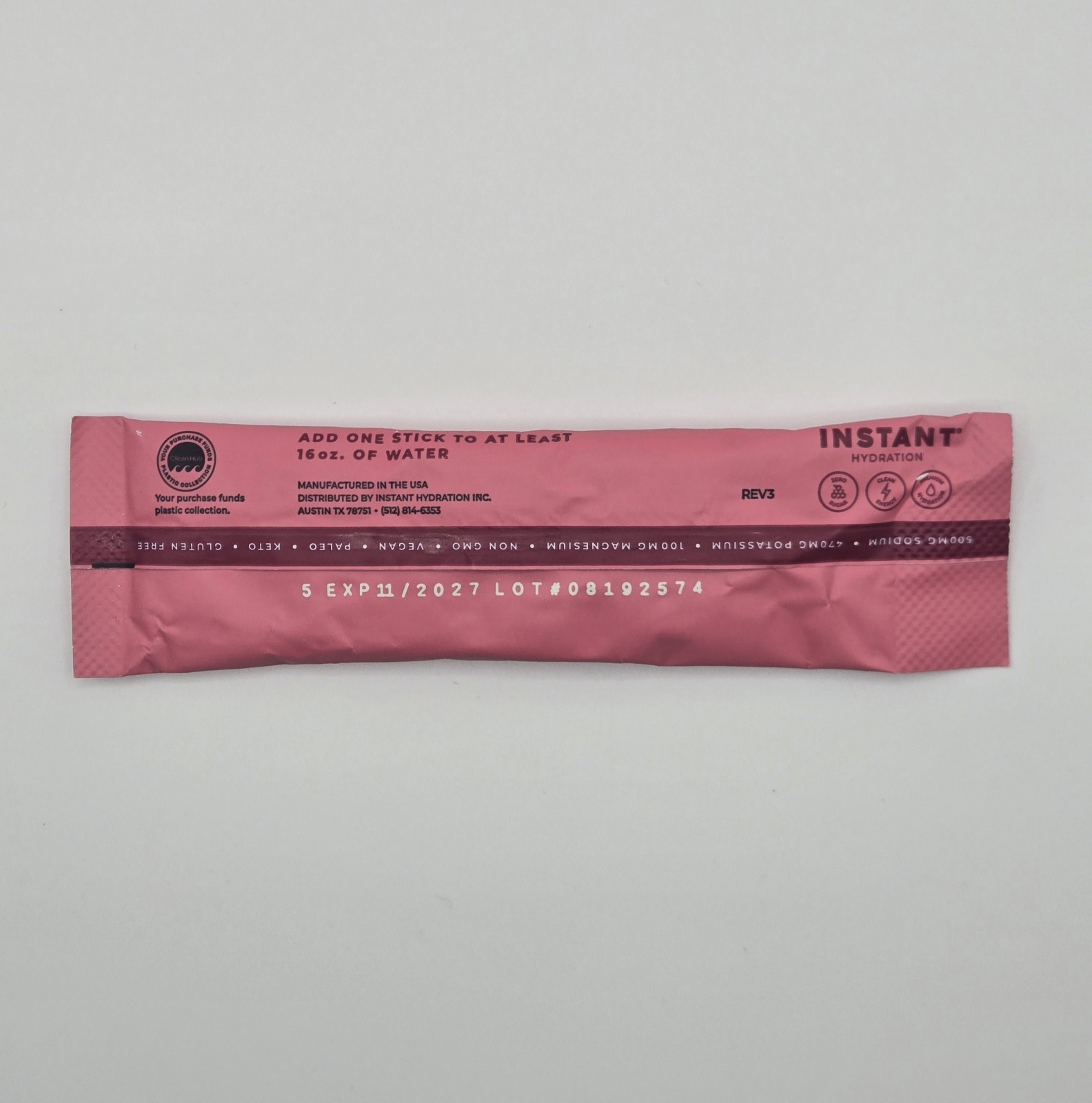 Instant Hydration Electrolyte Drink Mix – Raspberry – 25 Packets – BB 11/27