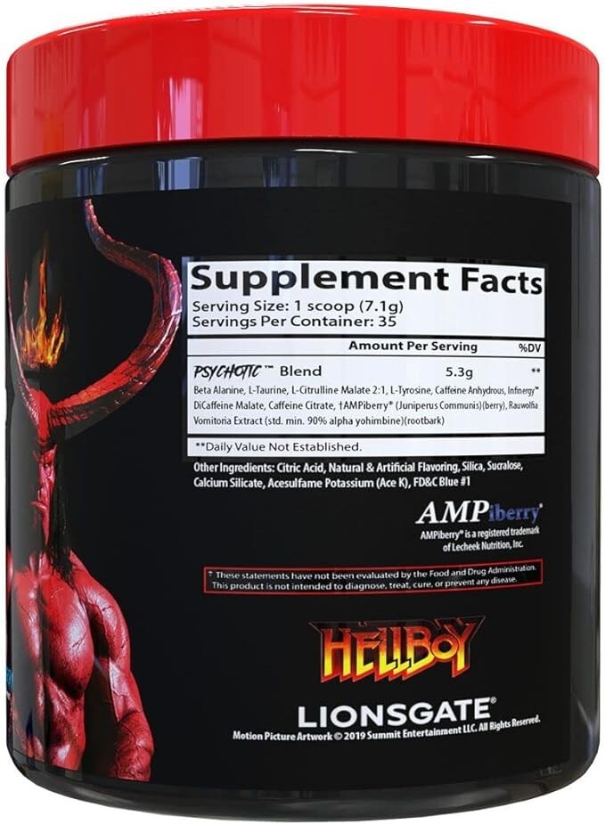 Hellboy Psychotic Pre Workout Powder Blue Raspberry 35 Servings Energy Focus