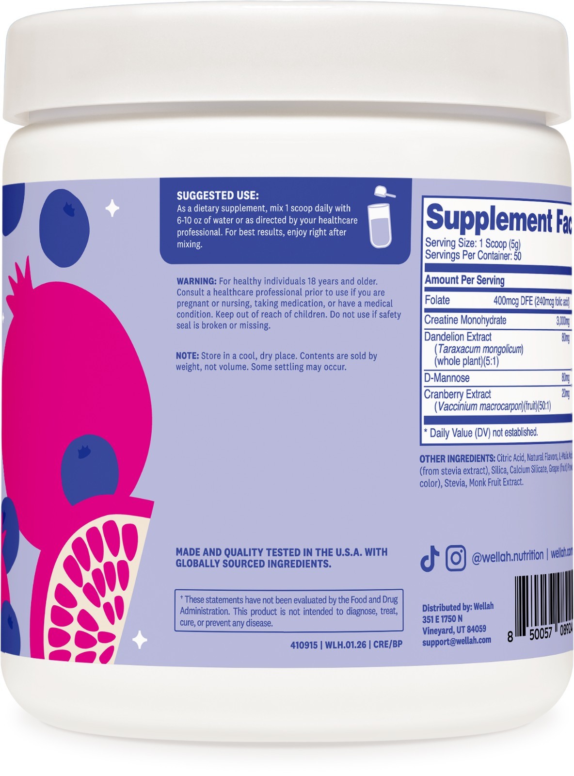 Wellah Pump-It-Up Creatine (50 Servings, Blueberry Pomegranate)
