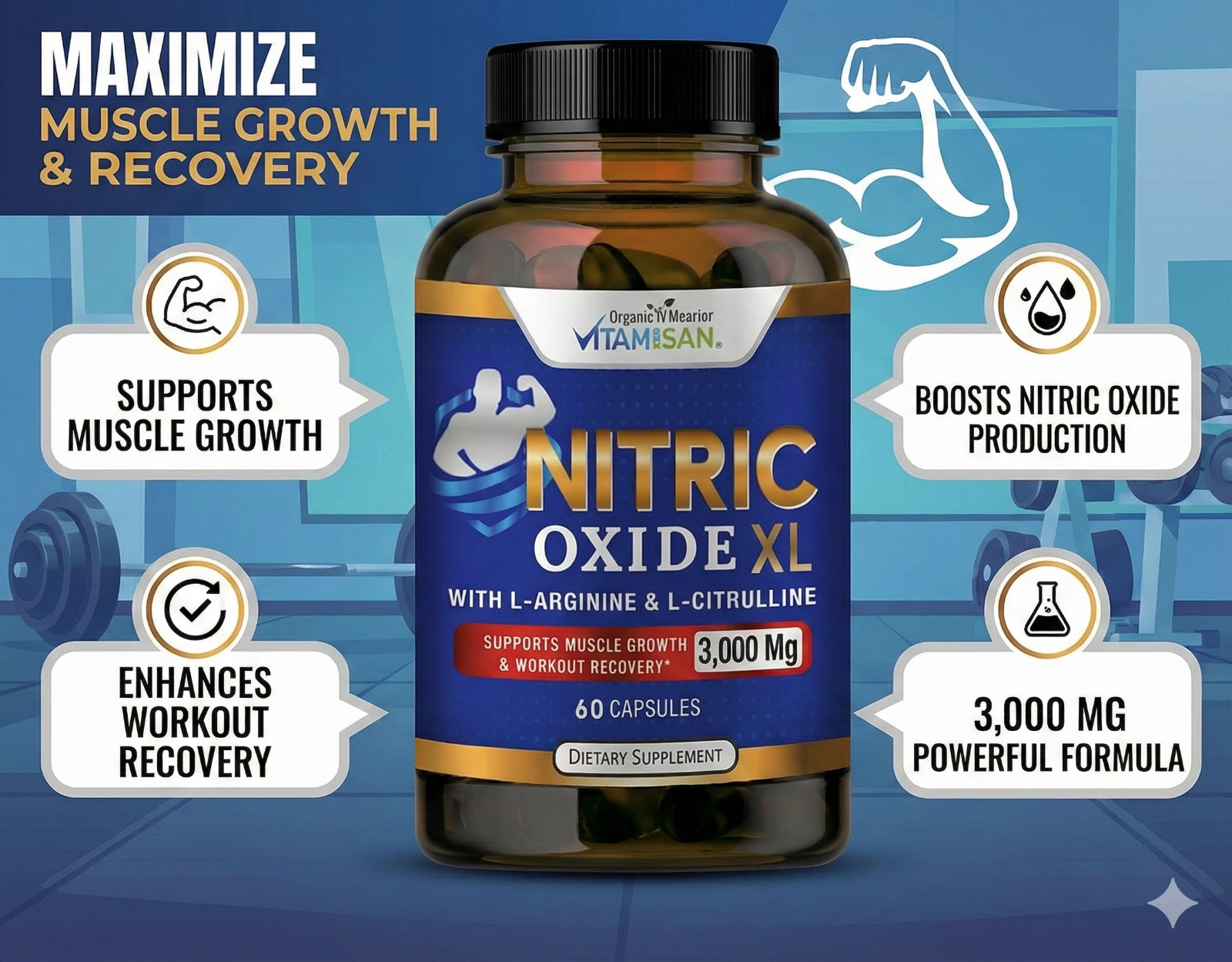 Nitric Oxide Booster Supplement w/L-Arginine 3000mg Premium Workout Muscle Pump