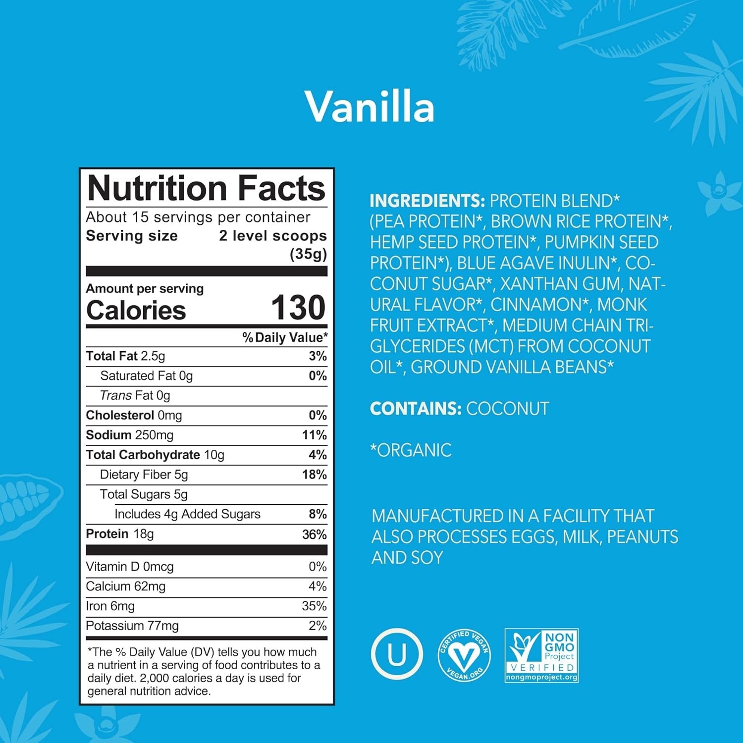 ALOHA Organic Plant Based Protein Powder, Stevia Free, Vanilla, 19.6 oz, 15 Serv