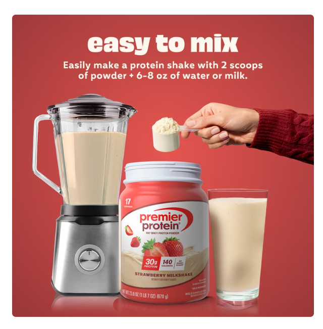 Premier Protein 100% Whey Protein Powder, Strawberry Milkshake, 30g Protein, 23.