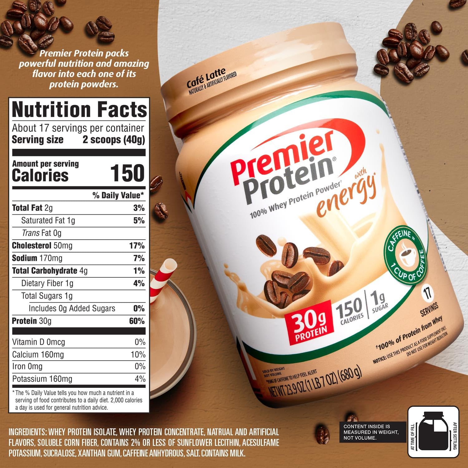 Premier Protein Powder Cafe Latte 30g Whey Keto Gluten-Free 23.9oz 17 Serv