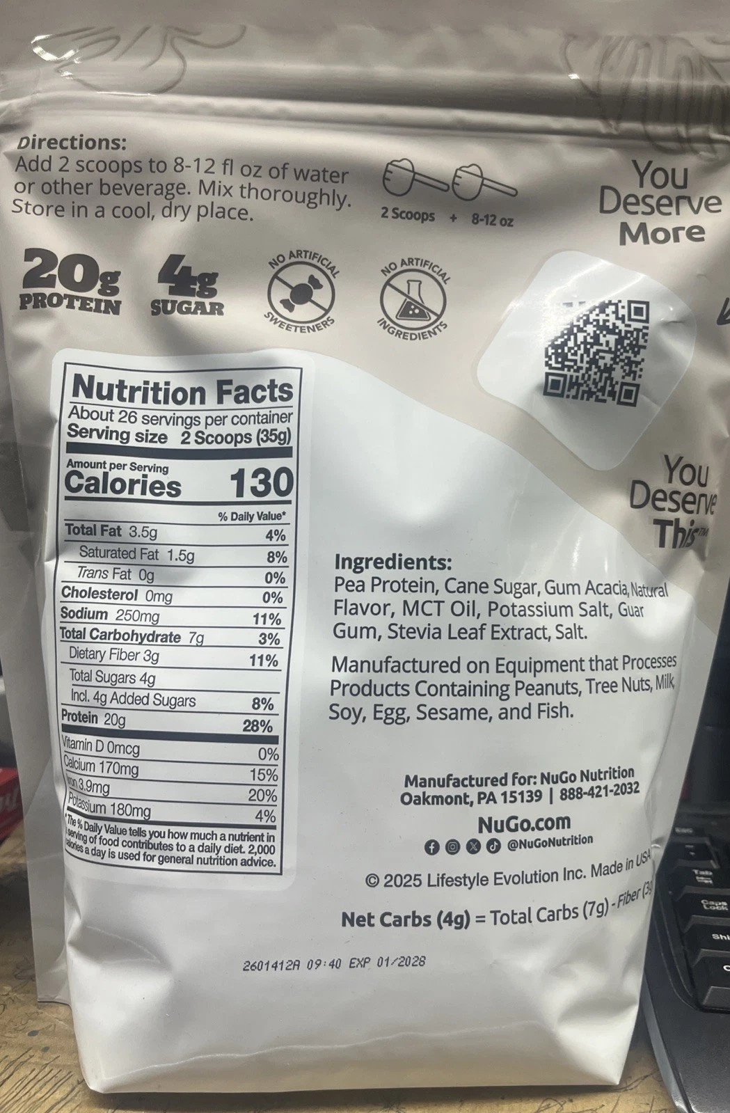 Lot of 2 NuGo Nutrition, Plant Pea Protein, Vanilla, 2 lbs (907 g) Exp 01/2028