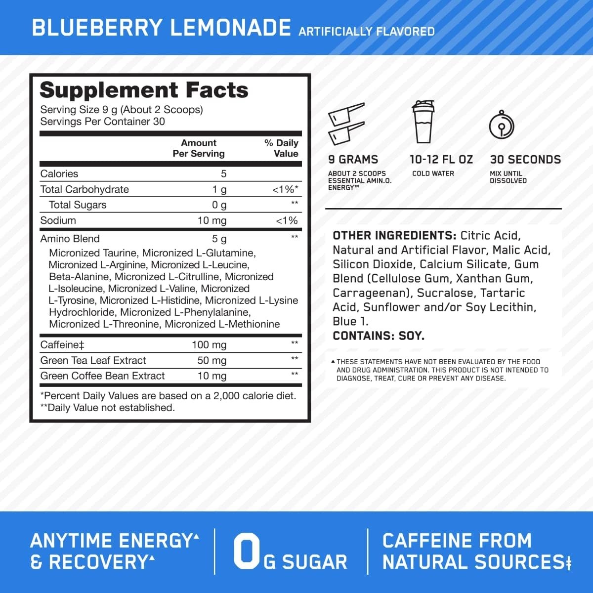 Keto-Friendly Amino Energy Powder with BCAAs – 30 Servings Blueberry Lemonade