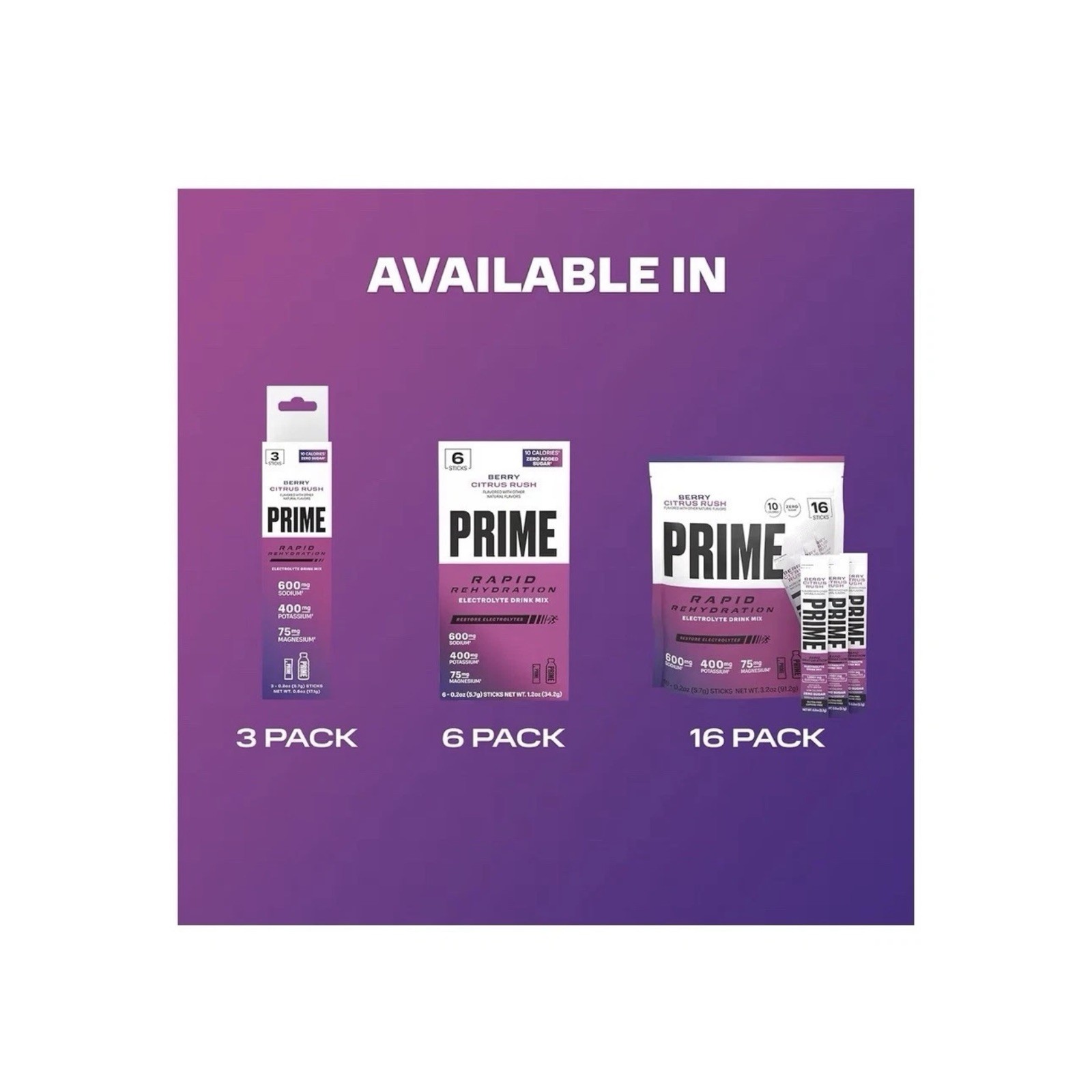 4 PACK LOT Prime Rapid Rehydration Electrolyte Drink Mix Berry Citrus Rush LARGE