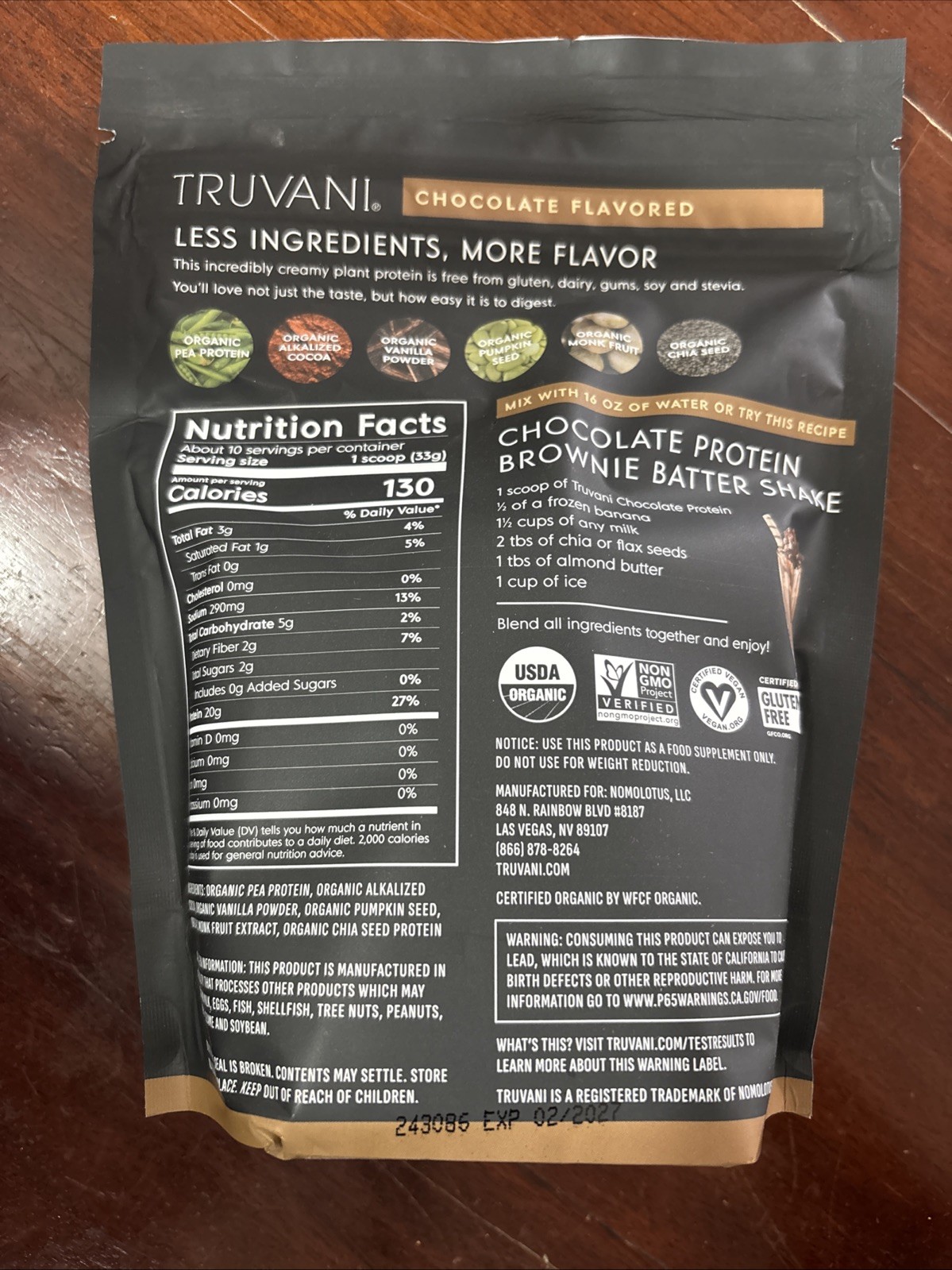 (2)Truvani Vegan Pea Protein Powder, Chocolate, 20g Organic Plant Based Protein