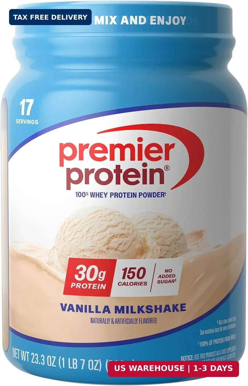 Premier Protein Powder, Vanilla Milkshake, 30g Protein, 1g Sugar, 100% Whey Prot