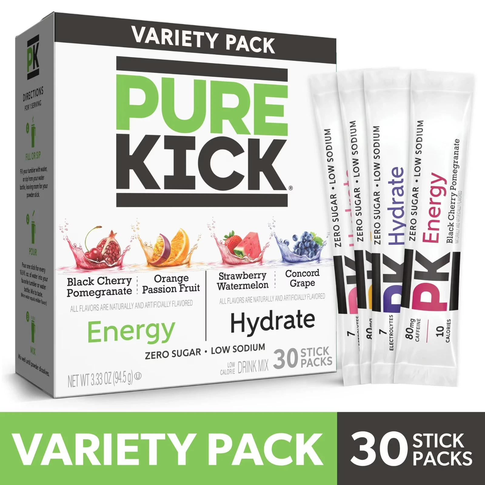 Pure Kick Energy & Hydration Electrolyte Powdered Drink Mix Variety pack, 30 Cou