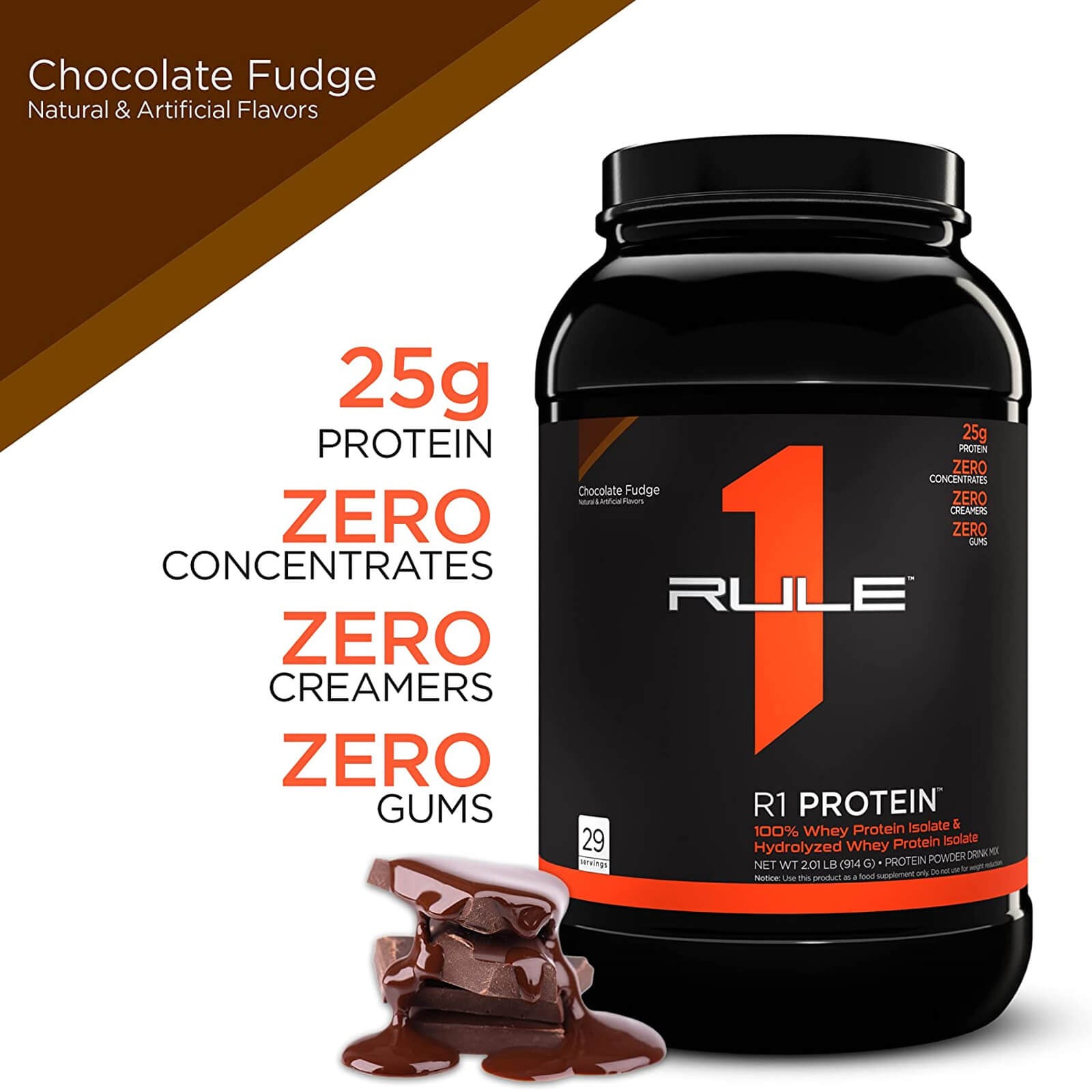 RULE 1 Protein 29 serv Chocolate Fudge Whey Protein Isolate Hydrolysate 2.01lb