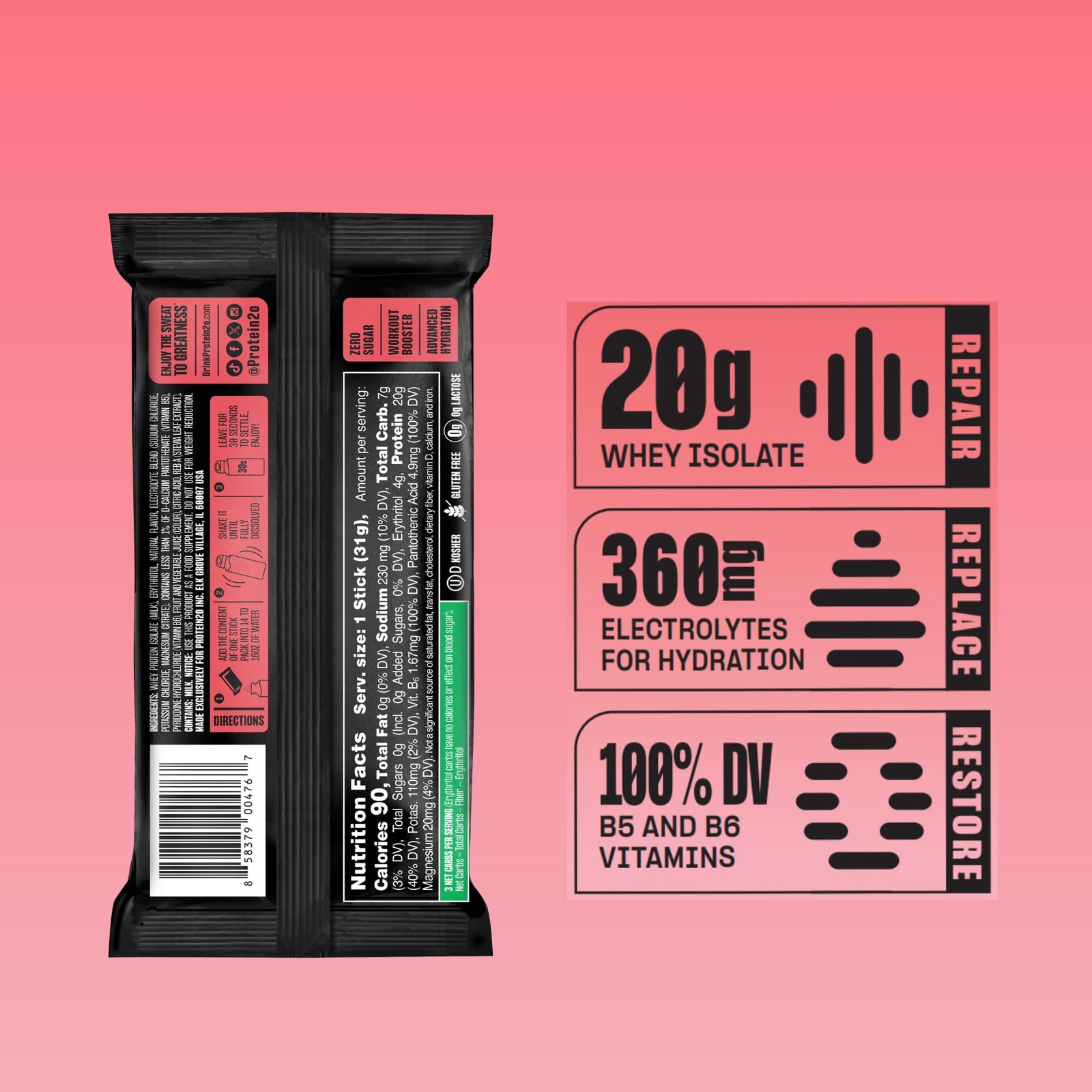 Protein2o 20g Whey Protein Isolate Clear 1.09 Ounce (Pack of 8)