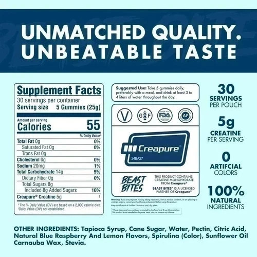 Creatine Gummies – 150ct, Bites Blue Raspberry, Pre-Workout Beast Energy Help