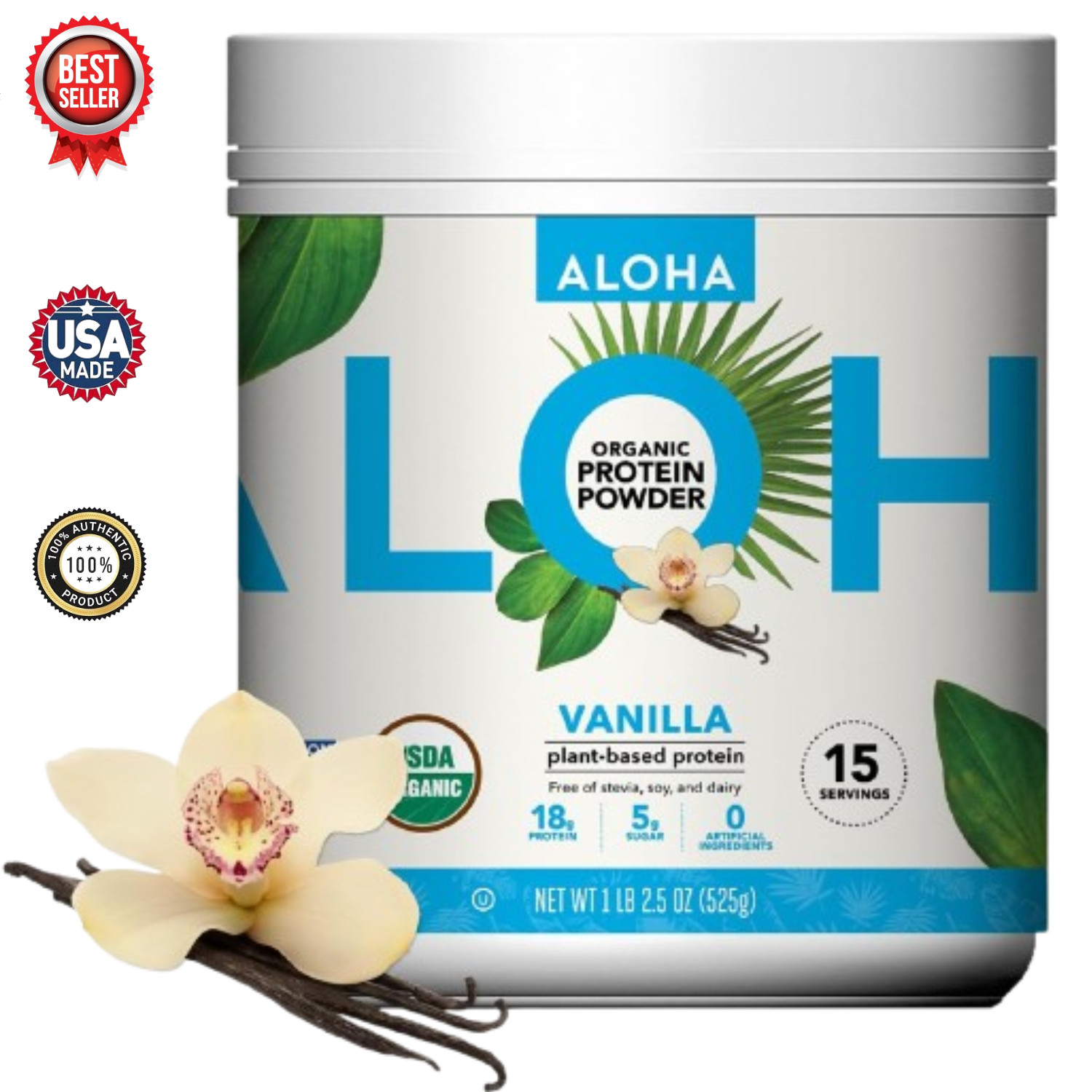 ALOHA Organic Plant Based Protein Powder, Stevia Free, Vanilla, 19.6 oz, 15 Serv