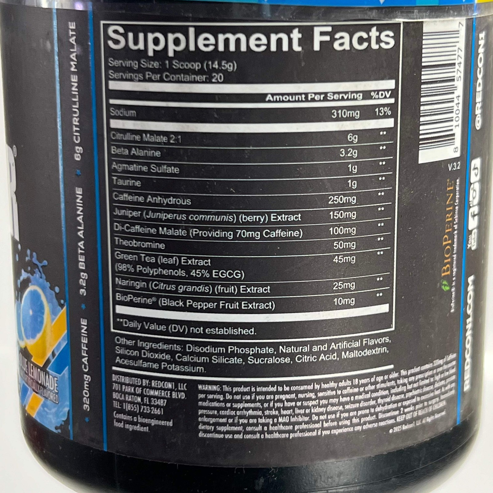 REDCON1 Pre-Workout, Blue Lemonade 20 Serving 10.23 oz BB 11/28