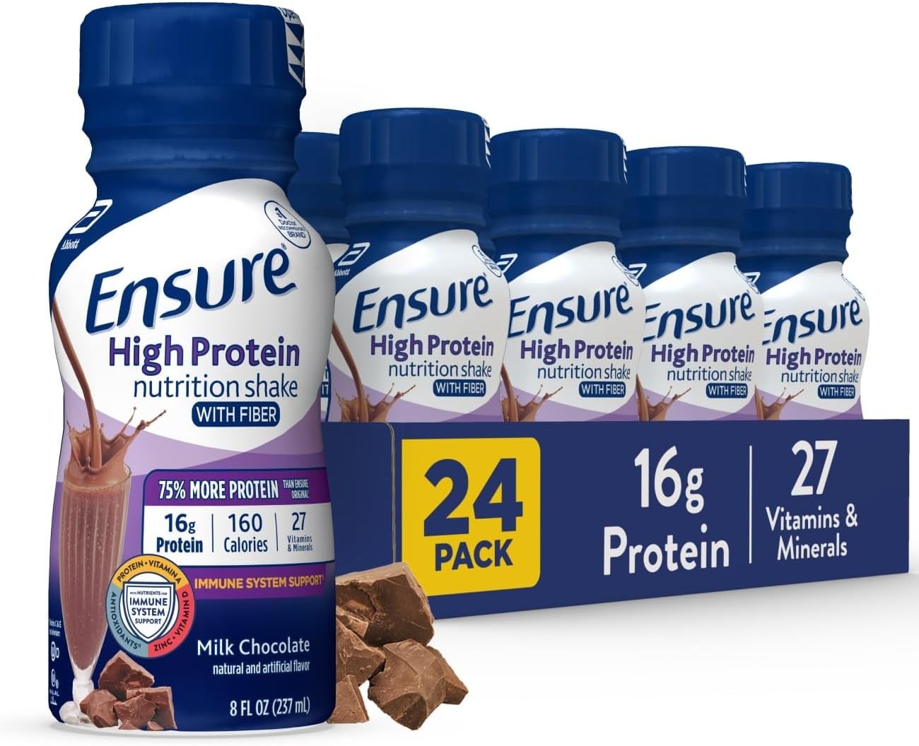 Ensure High Protein Bottled Milk Chocolate Nutrition Shake with Fiber, Ready to