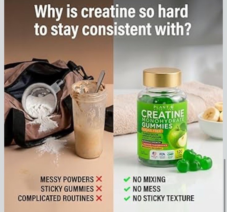 PLANT.O NUTRITION Creatine Monohydrate Gummies Sugar Free 120 Count Green Apple