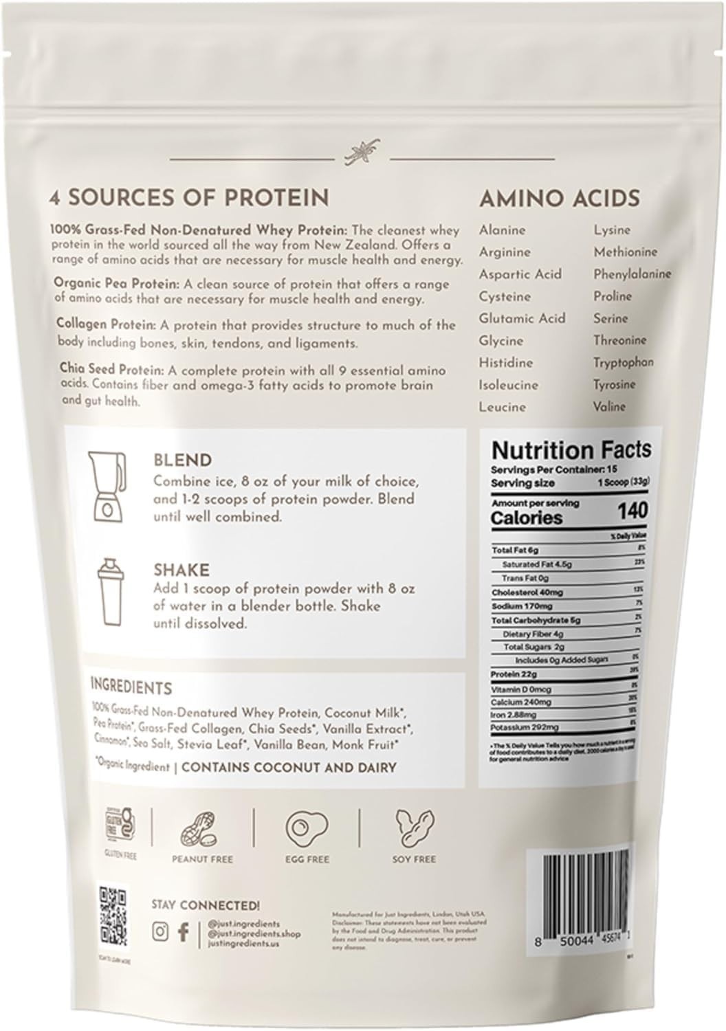 JUST Ingredients Vanilla Bean Protein Powder Casein Free 22g 15 Servings 17.46oz