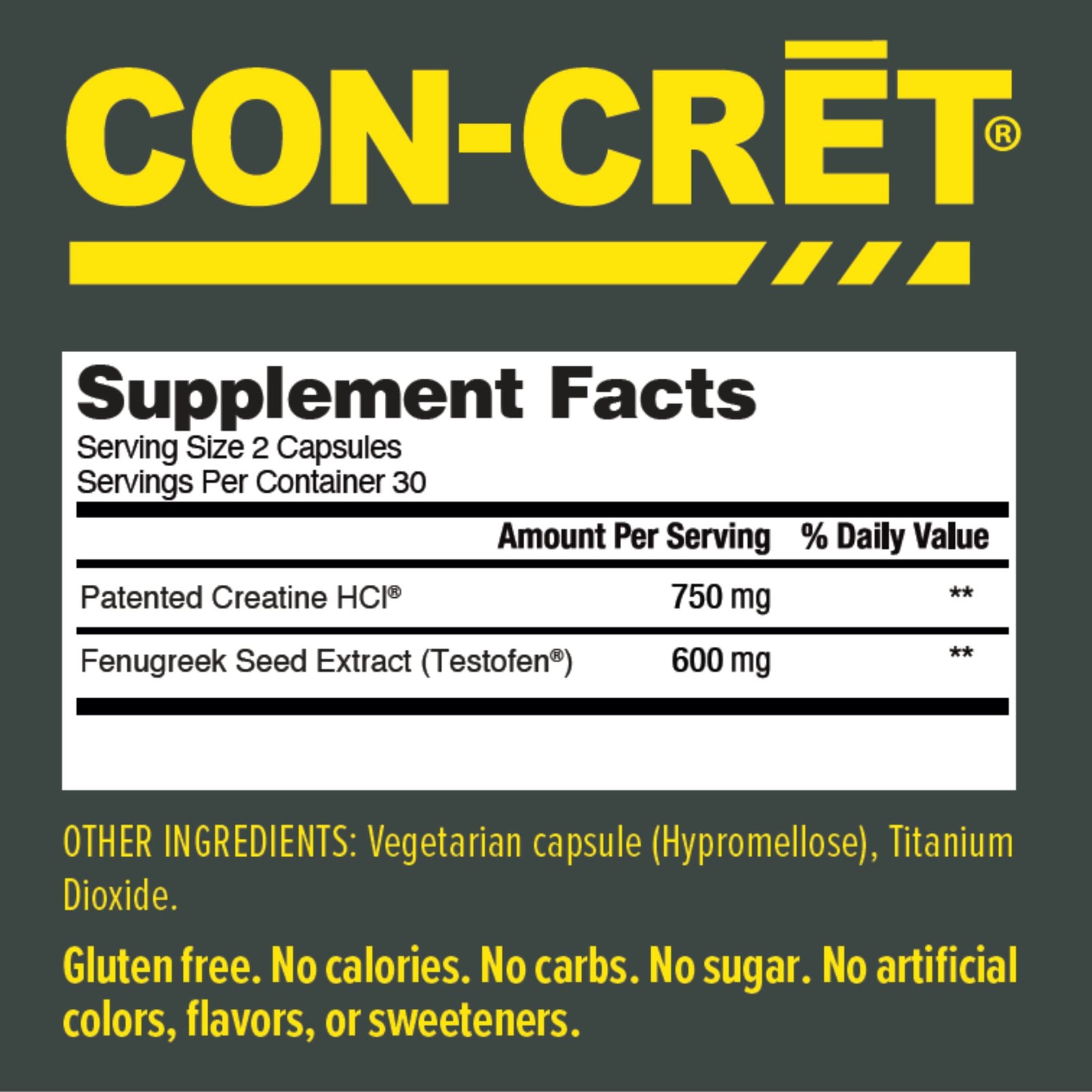 CON-CRET + Test, Creatine HCl Capsules with 60 Count (Pack of 1), No Color