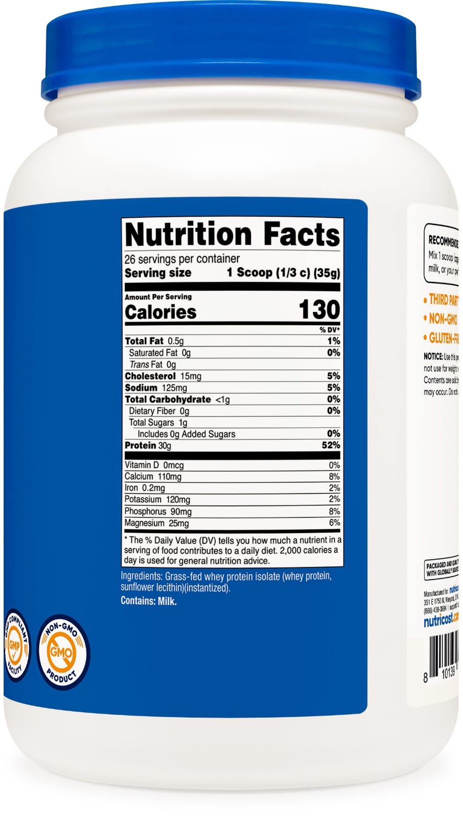 Nutricost Grass-Fed Whey Protein Isolate (Unflavored) 2LBS