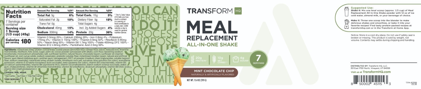 TransformHQ Meal Replacement Shake Powder 7 Servings (Mint Chocolate Chip)