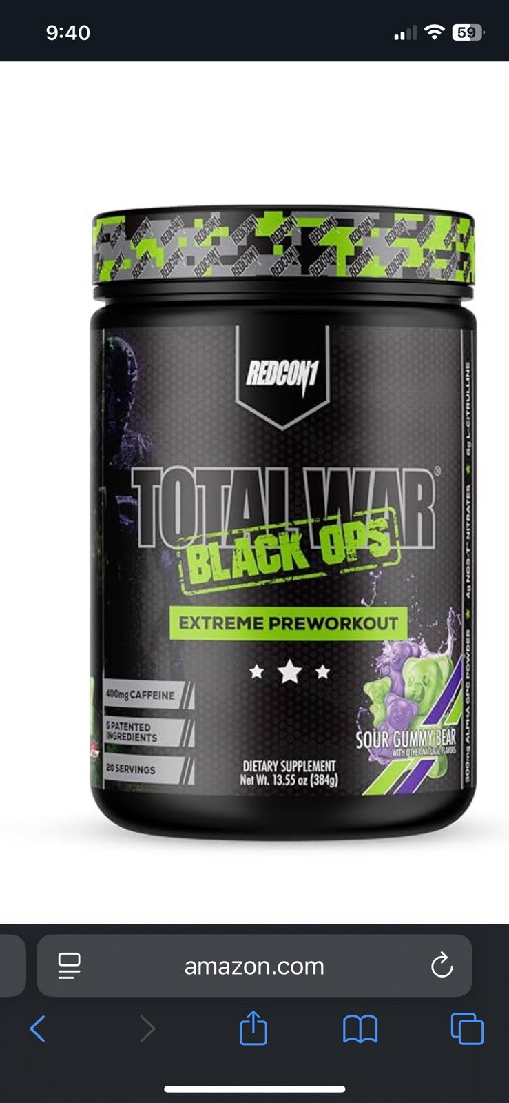 REDCON1 Total War Black Ops Preworkout 384g Sour Gummy Bear Energy Boost