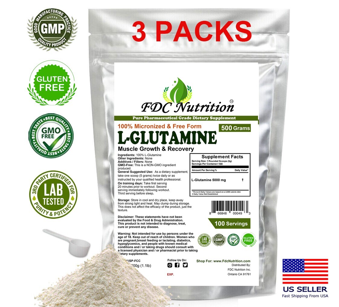 3 PACKS L-GLUTAMINE POWDER 1.1 lb (500g) KOSHER PHARMACEUTICAL GRADE
