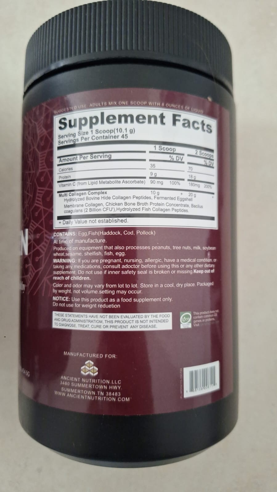 (2 Pack ) Ancient Nutrition Collagen Powder Protein,Unflavored 45- Exp 05/2028