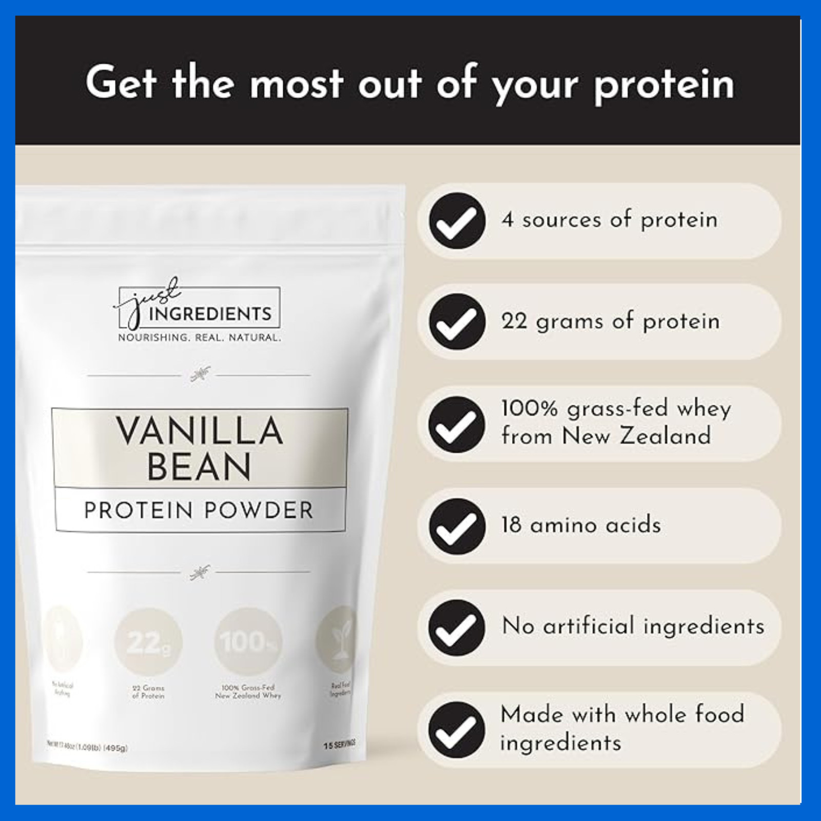 JUST INGREDIENTS Vanilla Protein Powder 15 Servings 22g Grass Fed Whey 2PK