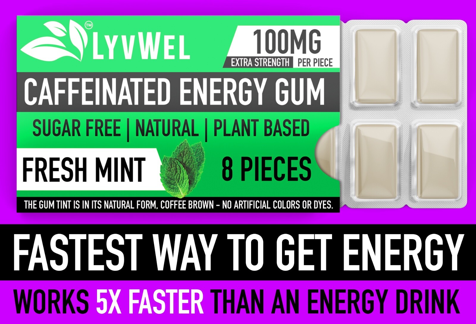 LyvWel All Natural Energy Focus Mint Fitness Gum 3 Packs Run jog 100mg Caffeine