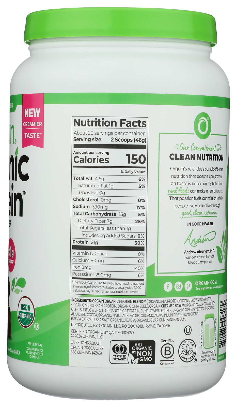 Orgain Plant Protein Powder Organic Creamy Chocolate Fudge Flavor 2.03 Lb 1 Pack