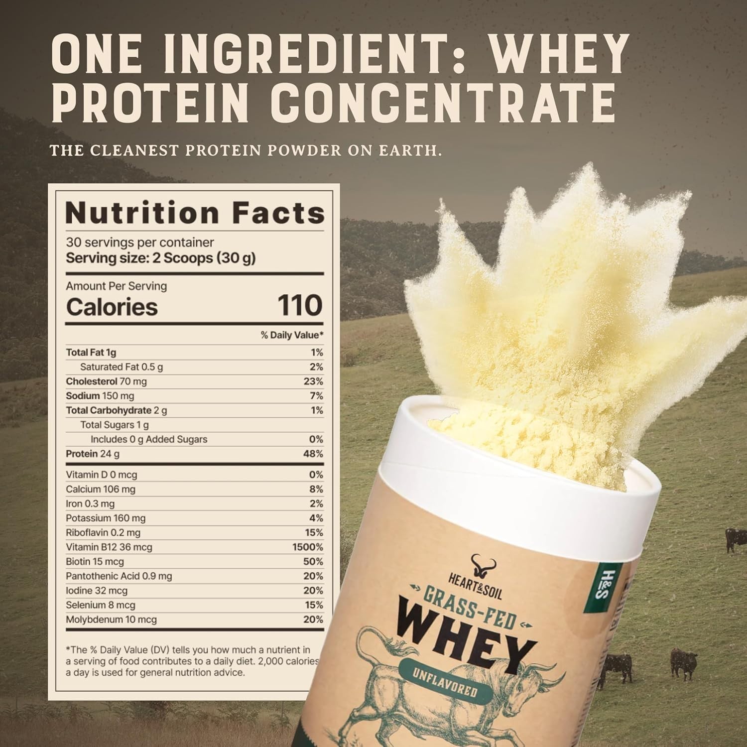 HEART & SOIL Grass Fed Whey Protein Powder 2lbs – Unflavored 24g Protein per Ser