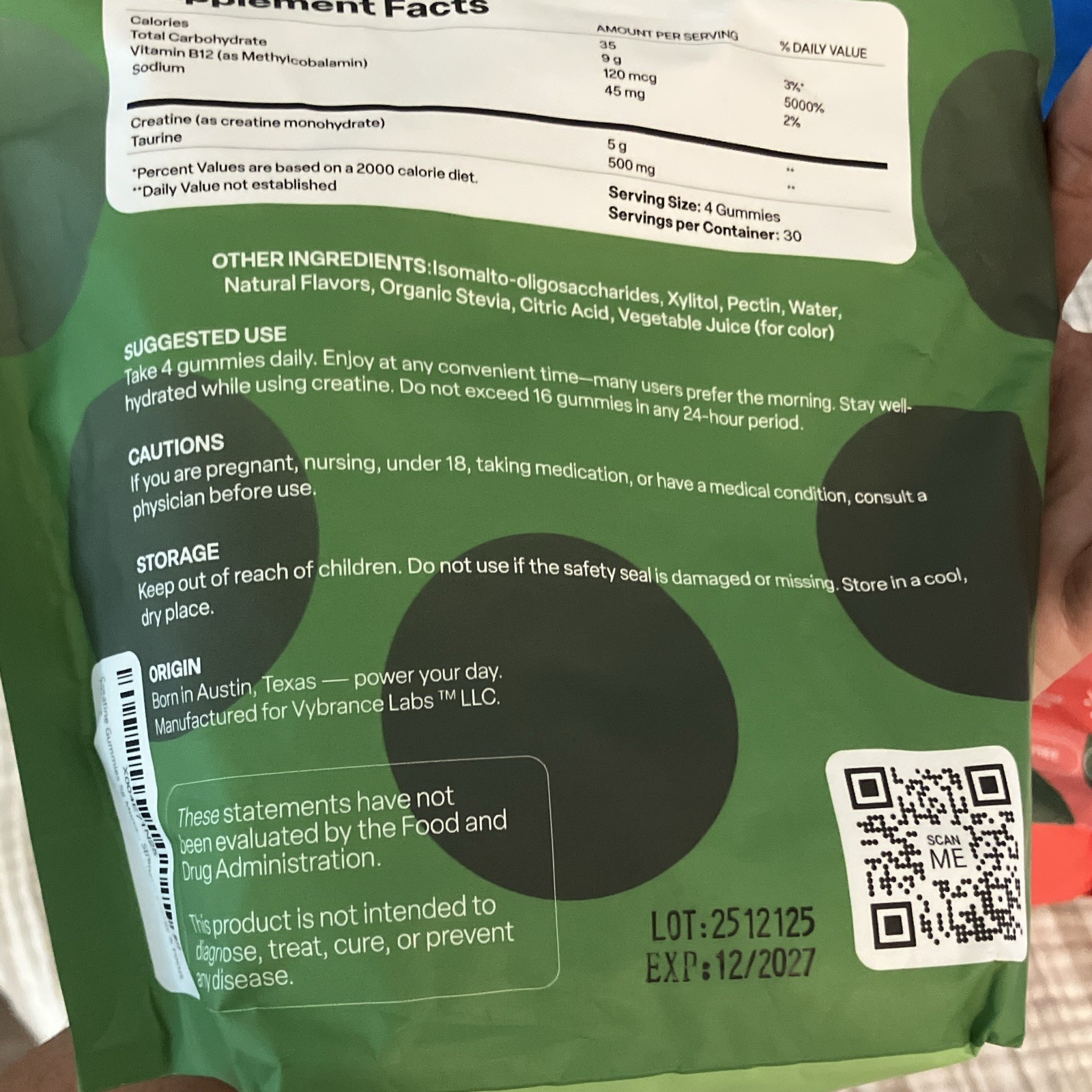 Vybrance Labs Creatine Monohydrate Gummies 30 Servings Vegan Sugar-Free