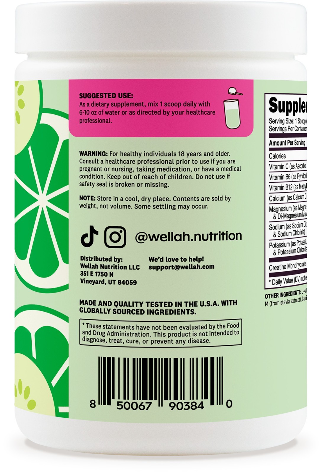 Wellah Creatine + Hydration Powder (Cucumber Lime) 30 Servings – Electrolyte Mix