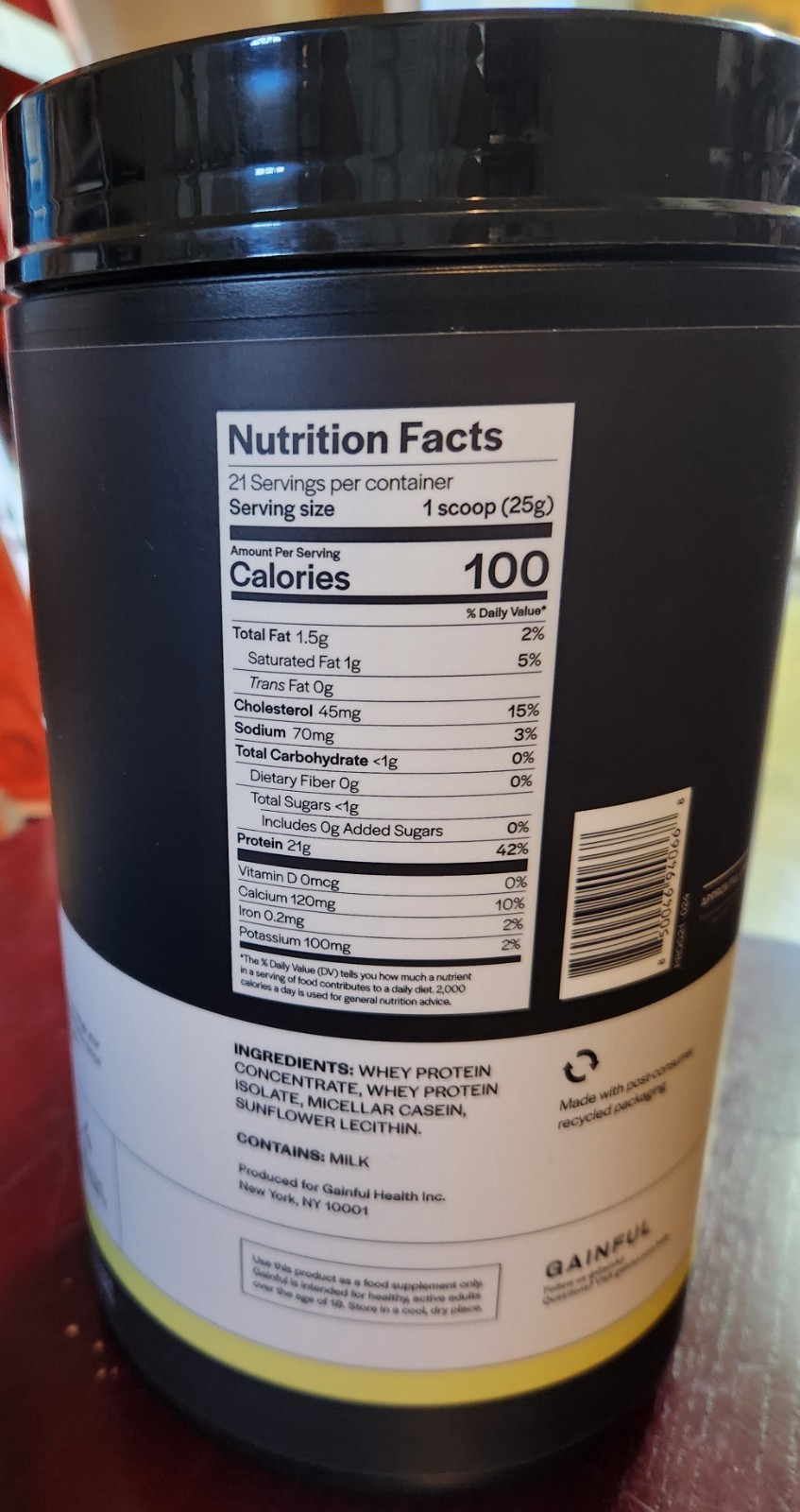 GAINFUL WHEY PROTEIN POWDER, UNFLAVORED. 18.5 oz. 21 servings x 21 grams.Non-GMO