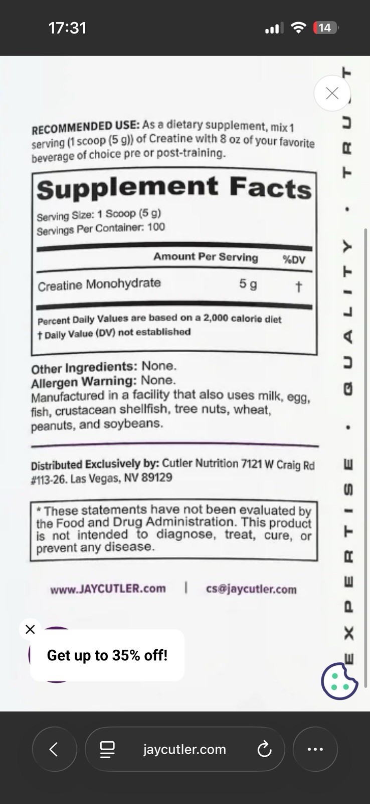 Cutler Essentials Creatine Monohydrate Unflavored Powder 500g 100 Servings