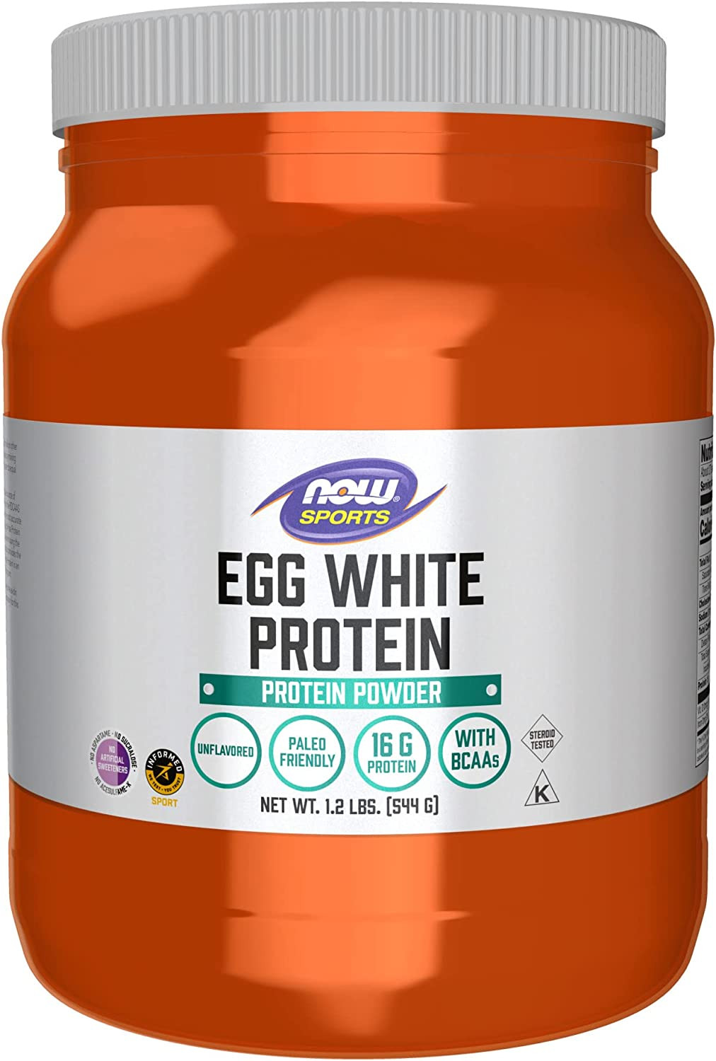 NOW Sports Egg White Protein Powder, 16 G with Bcaas, Unflavored, 1.2-Pound