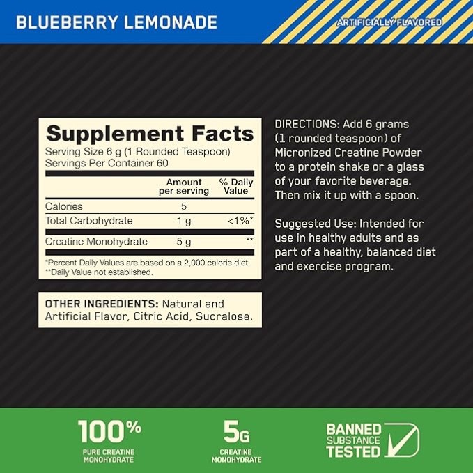 Optimum Nutrition Micronized Creatine Monohydrate Powder, Blueberry Lemonade