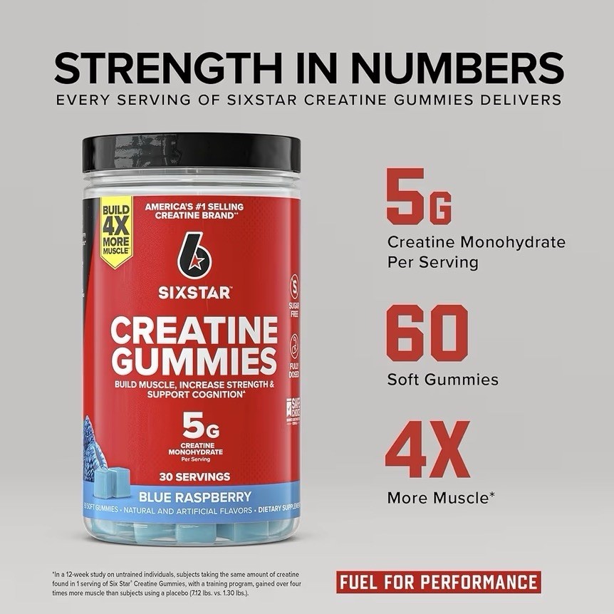 SIXSTAR Creatine Gummies Sugar Free 5g Creatine Monohydrate Blue Raspberry, 90 C