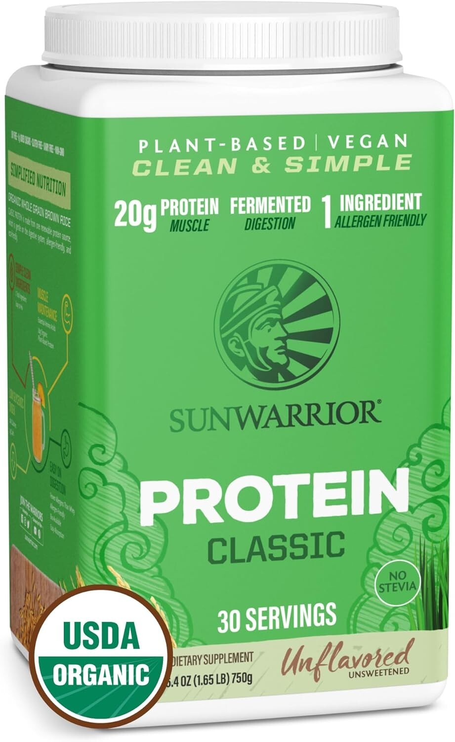 Sunwarrior Classic Vegan Sprouted Brown Rice Protein Powder, Natural,30 Servings