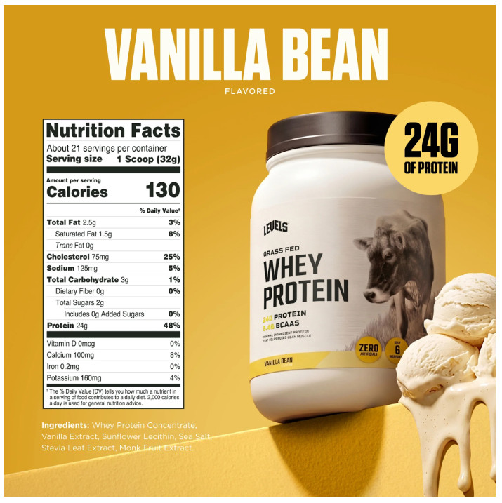 Levels Grass Fed Whey Protein Powder Vanilla Bean 24g Protein 1.48LB