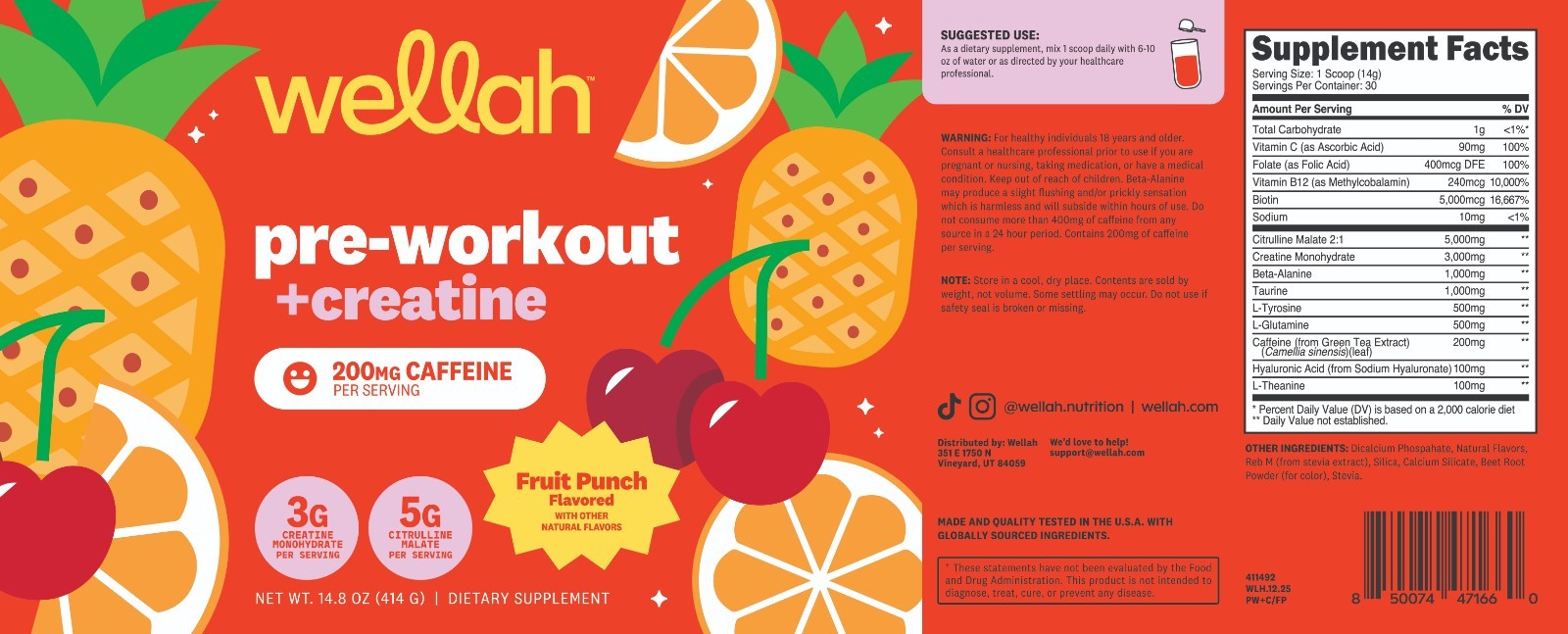 Wellah Pre-Workout + Creatine Powder (30 Servings) Fruit Punch – 200mg Caffeine