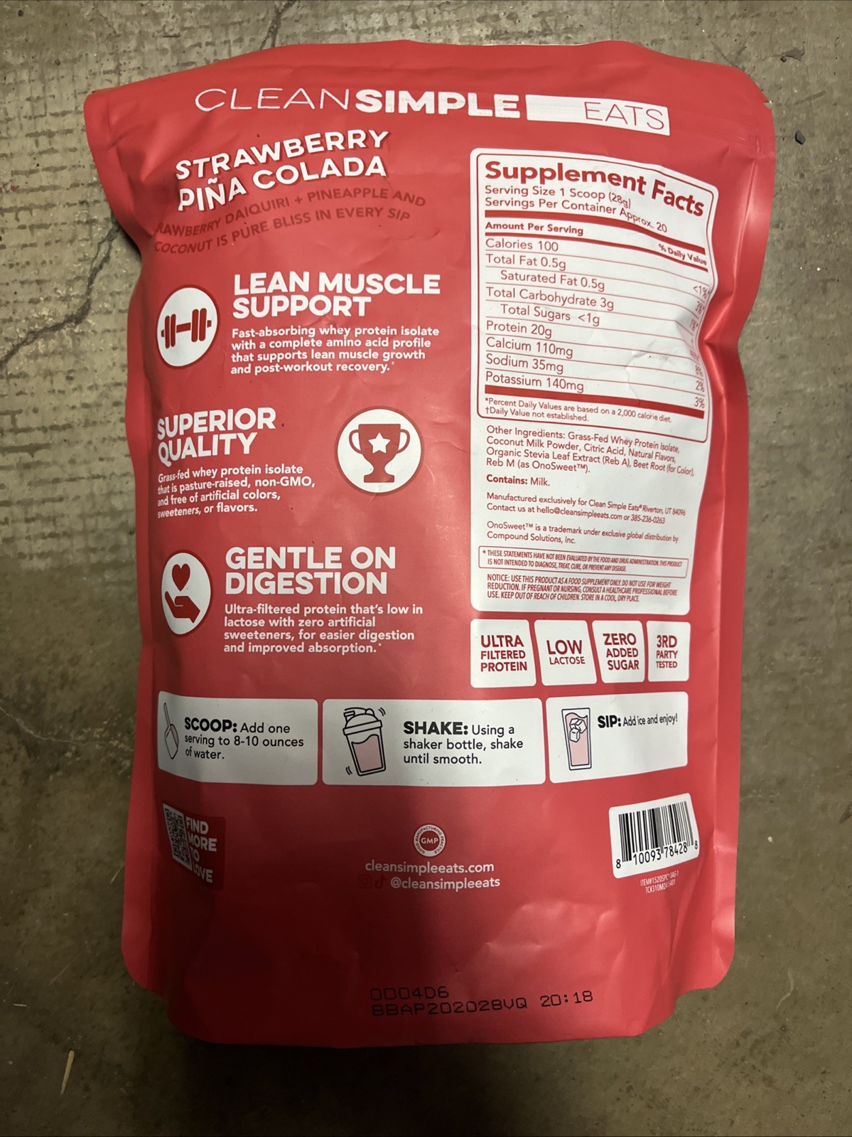 Clean Simple Eats Clear Protein Powder Grass Fed Strawberry Piña Colada 20 Serv