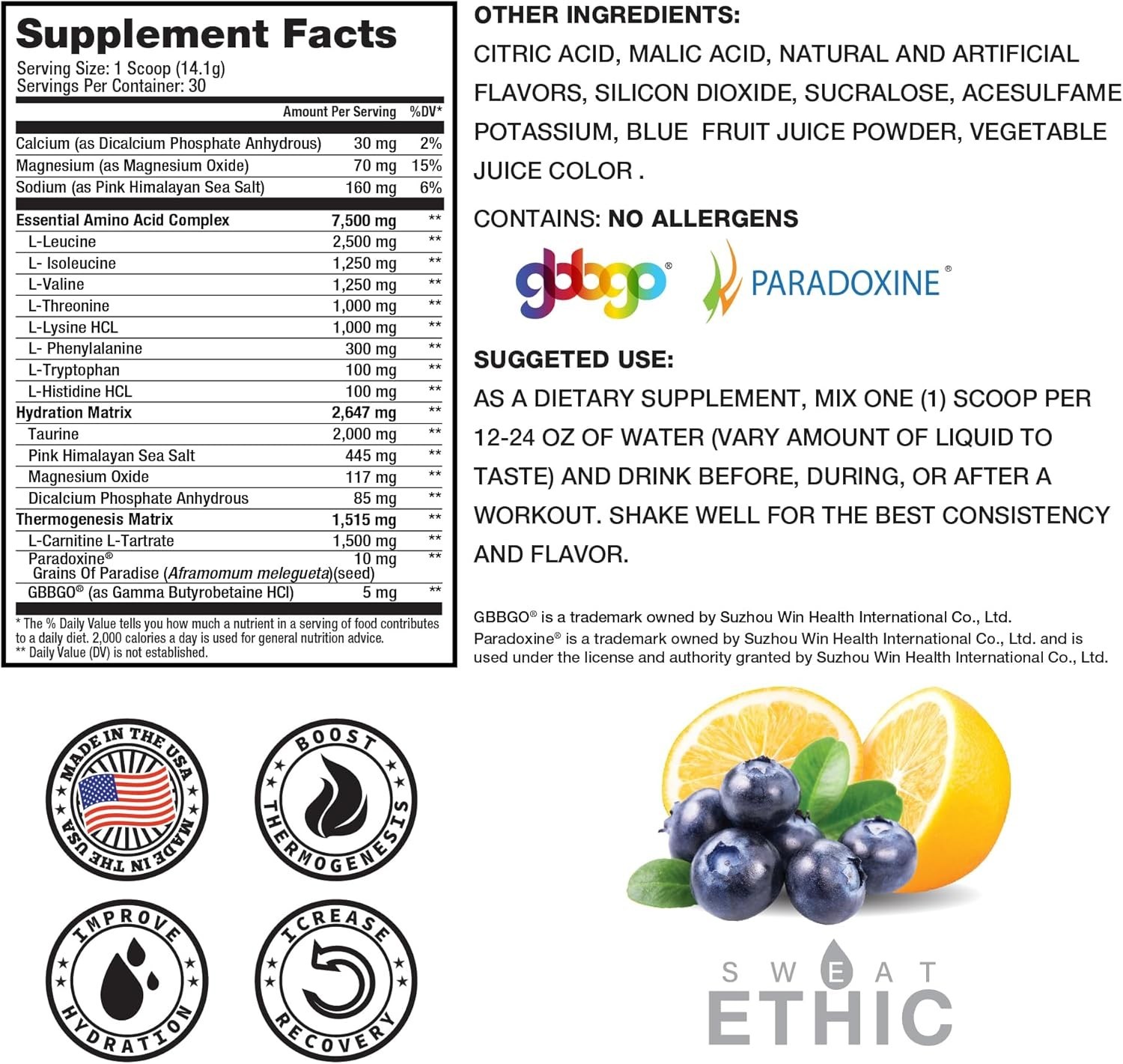 Sweat Ethic Amino Trim, Pre-Workout Powder, 423 g, Blueberry Lemonade Flavor
