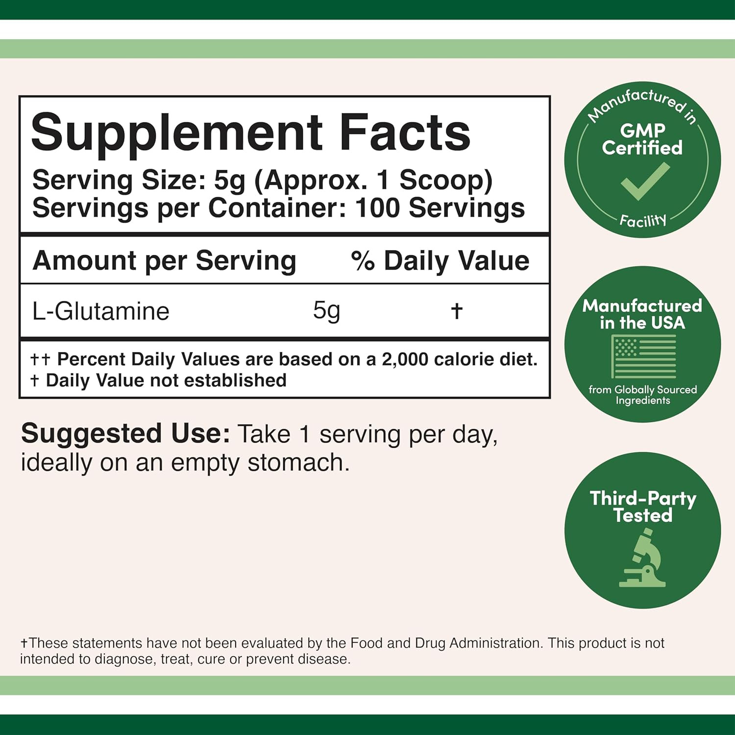 L Glutamine Powder 1.1Lbs (100 Servings of 5 Grams Each – Third Party Tested L-G