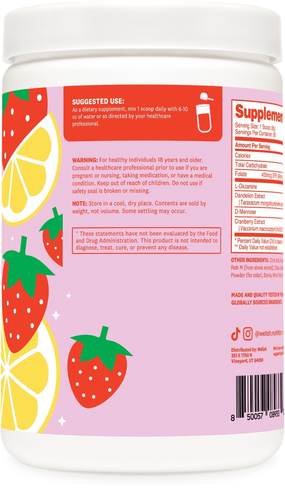 Wellah L-Glutamine Strawberry Lemonade (50 Servings) – Sweetened with Stevia