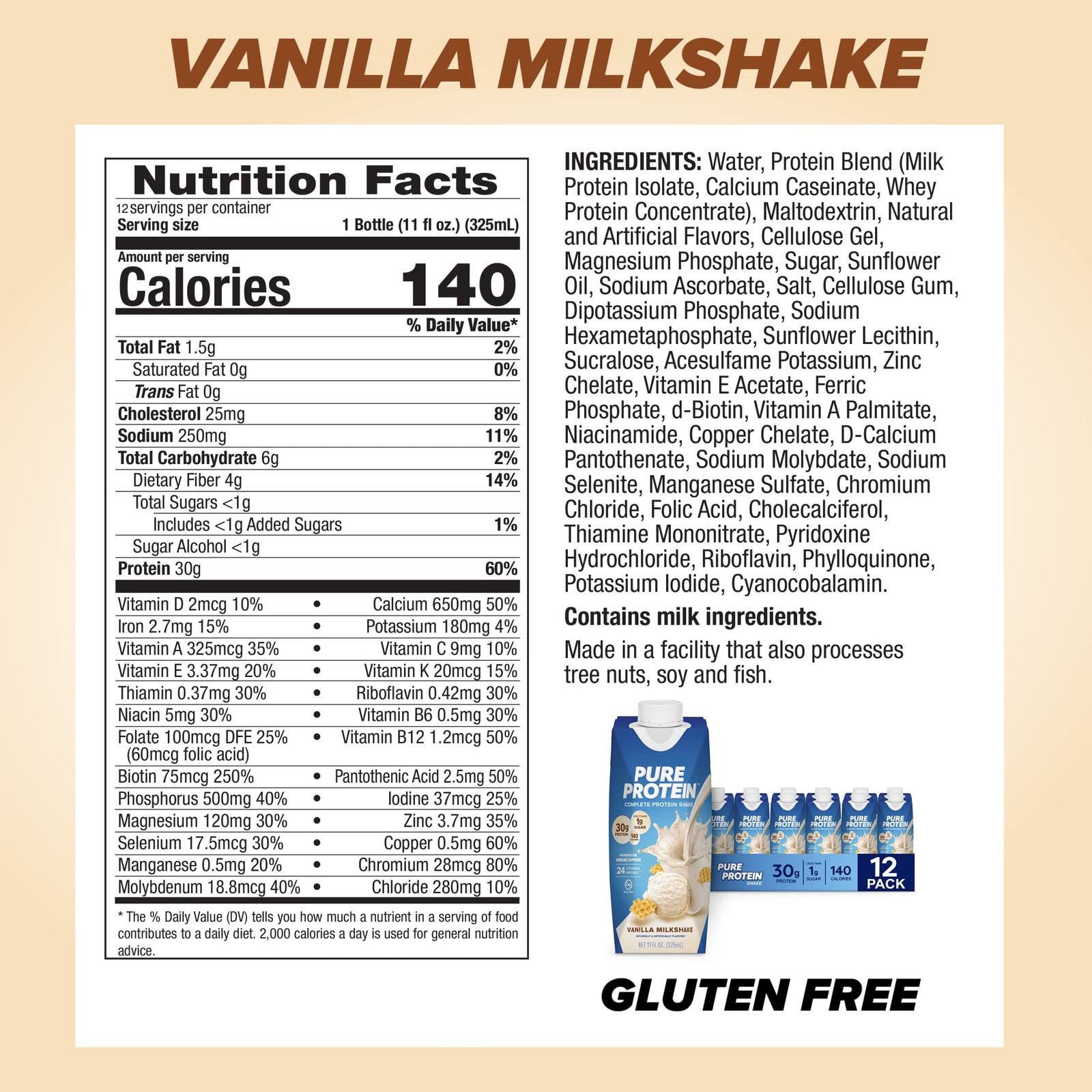 Pure Protein Vanilla Shake, 30g 11 Fl Oz (Pack of 12),