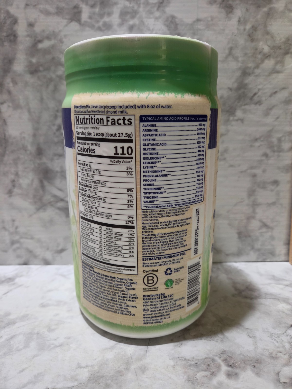 Garden of Life Raw Organic 20g Protein & Greens Vanilla 19.4 OZ 1/2027