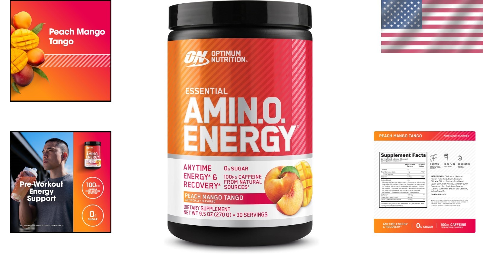 Amino Energy Powder – Peach Mango Tango, 100mg Caffeine per Serving, 30 Servings