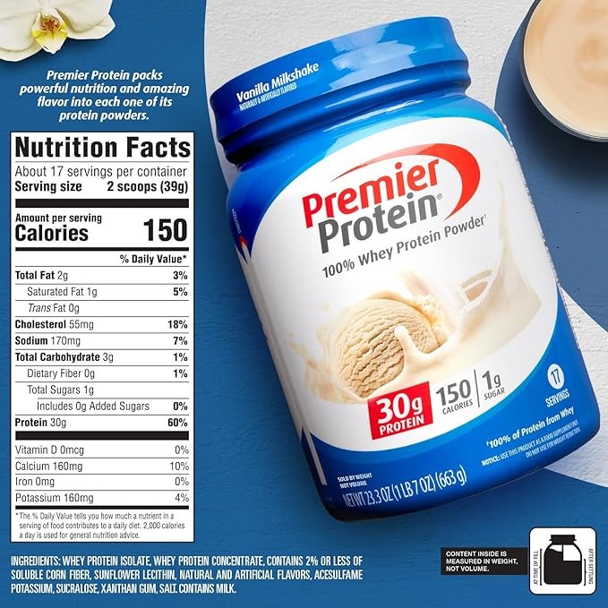 Premier Protein 100% Whey Protein Powder, Vanilla Milkshake, 30g Protein, 23.3oz