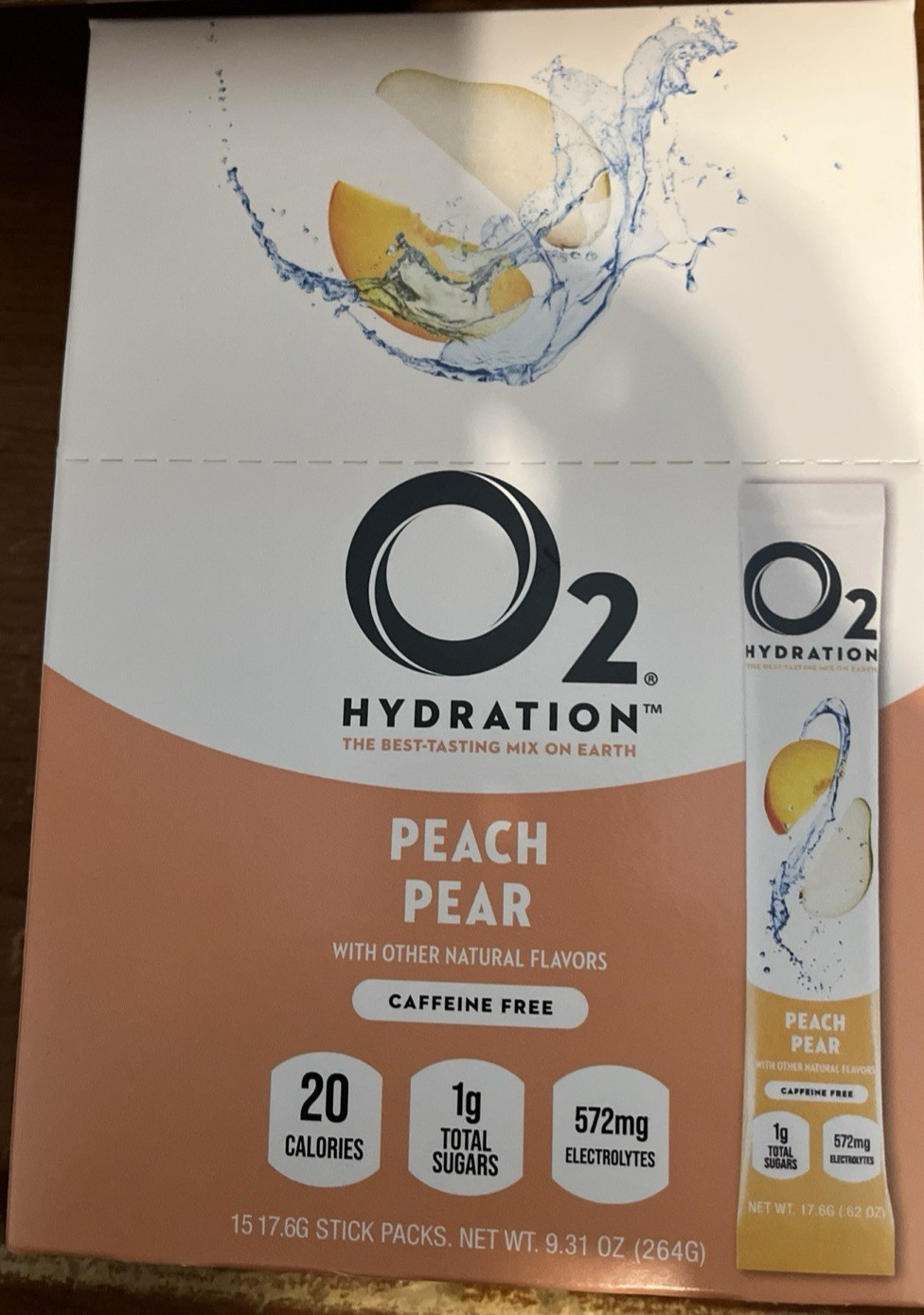 O2 Hydration Sticks Peach pear 572 elec. 1g sugar 20 cal. 0 caffeine Box of 240